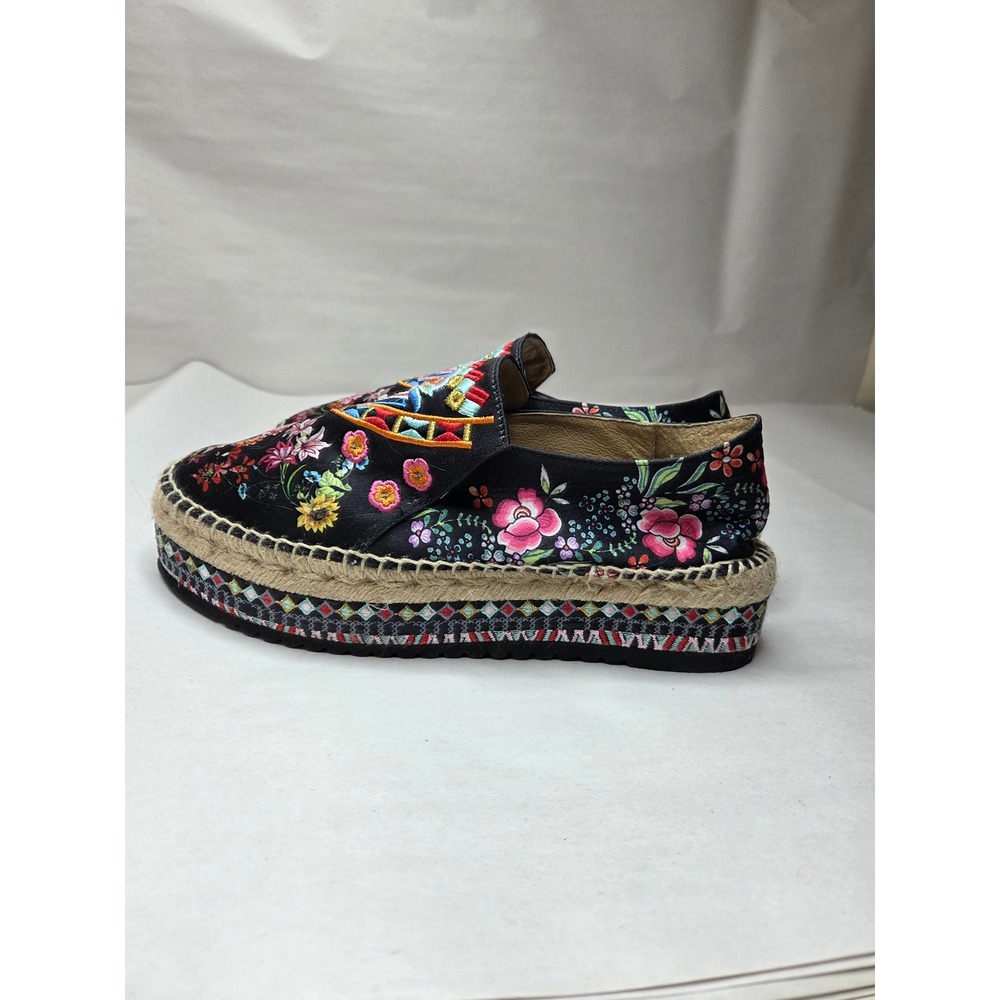 Johnny Was Black Leopard Floral Embroidered Platform Espadrille Shoes Size 9.5 - Picture 6 of 12